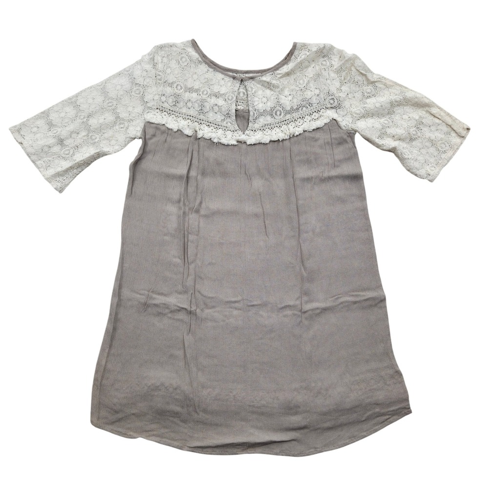 Umgee Tunic Top Mini Dress Lace Cut Out Sleeves Boho Feminine Taupe Womens Small